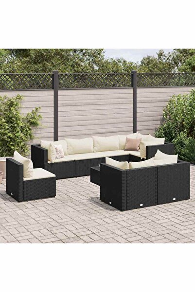 vidaxl Set mobilier de gradina cu perne, 9 piese, negru, poliratan