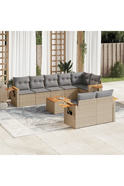 vidaxl Set canapele de gradina, 9 piese, cu perne, bej, poliratan