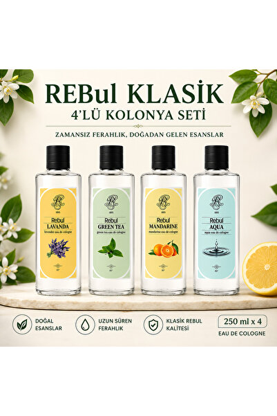 Rebul 4’lü Cam Şişe Kolonya Seti 250 ml | Lavanda, Green Tea, Mandarine, Aqua