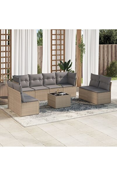 vidaxl Set canapele de gradina, 9 piese, cu perne, bej, poliratan