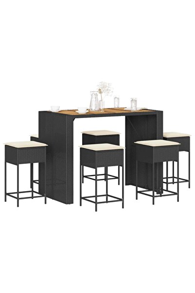 vidaxl Set bar de gradina, 7 piese, cu perne, negru, poliratan