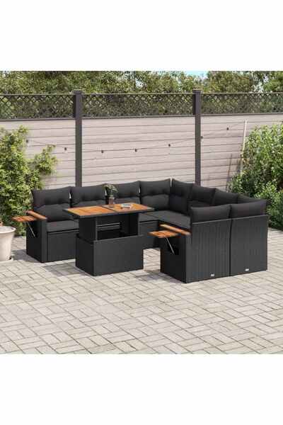 vidaxl Set mobilier de gradina cu perne, 9 piese, negru, poliratan