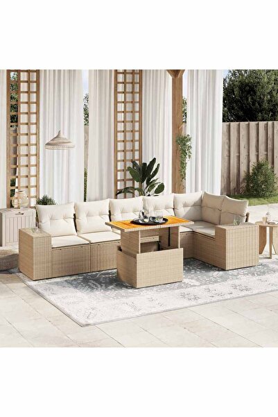 vidaxl Set canapele de gradina, 7 piese, cu perne, bej, poliratan