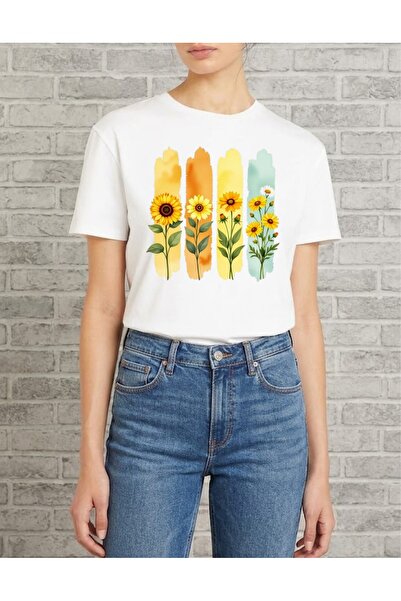 Krays Women's White Sunflower Printed Oversize T-Shirt - Cotton Floral- Boho ...