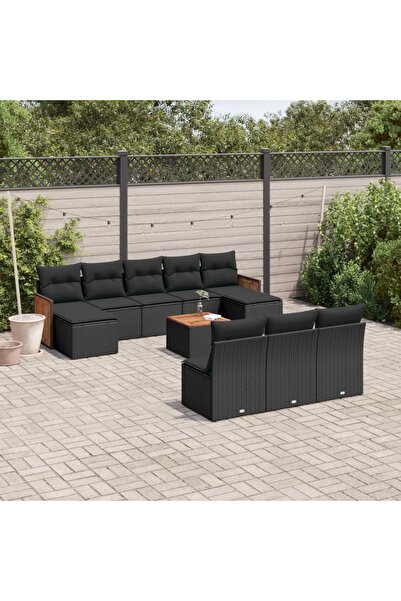 vidaxl Set canapele de gradina cu perne, 11 piese, negru, poliratan