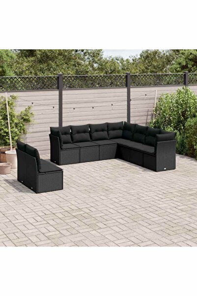 vidaxl Set mobilier de gradina cu perne, 9 piese, negru, poliratan