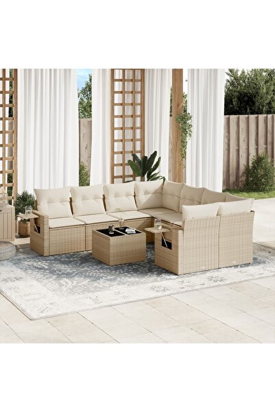 vidaxl Set canapele de gradina, 9 piese, cu perne, bej, poliratan