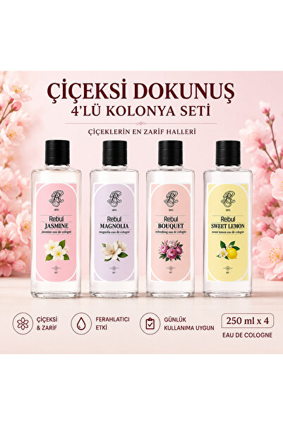 Rebul Çiçeksi 4’lü Cam Şişe Kolonya Seti 250 ml | Jasmine, Magnolia, Bouquet,...