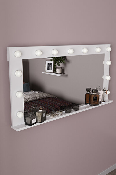 DEKORFİM DF06104 Beyaz Işıklı Makyaj Aynası 120x60cm Raflı Hollywood Model De...