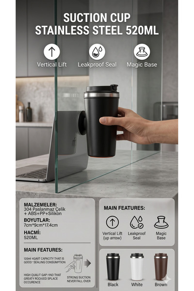 RİVO HOME DECOR Vacuum Base Stainless Steel Thermos Mug 520 ml