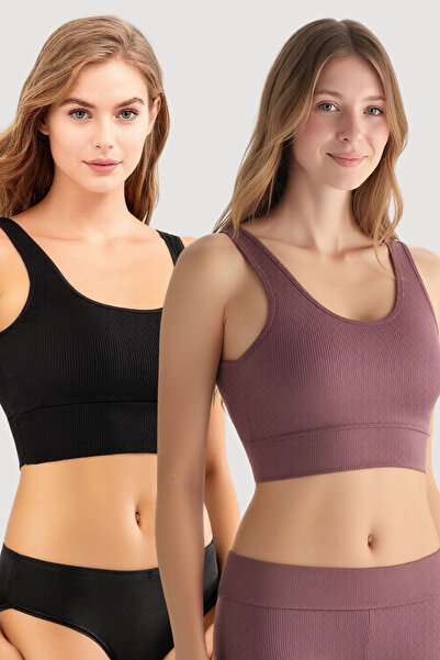 Pearlune Women's 2-Piece Ribbed Sports Bustier & Crop Tank Top - Flexible for...
