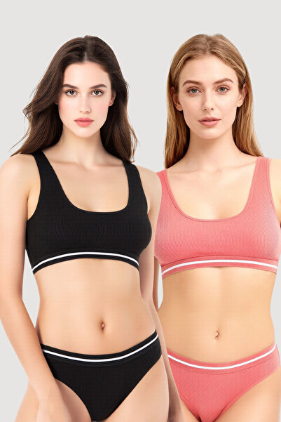 Pearlune Kadın 2 Adet Fitilli Bralet & Külot Alt Üst İç Giyim Takımı - %95 Pa...