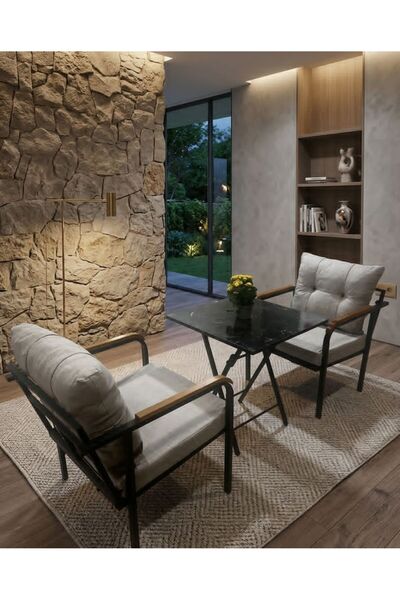 Modern Style Home Loft Serisi Ahşap Detaylı İkili Koltuk ve Sehpa Seti - Keyi...