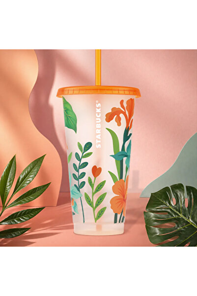 Starbucks Sera Çiçekleri Baskılı Plastik Yeniden Kullanılabilir Soğuk İçecek Bardağı 710 ml