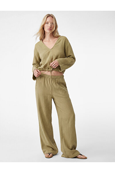 Koton Cotton Long Sleeve V-Neck Muslin Blouse with Drawstring Detail
