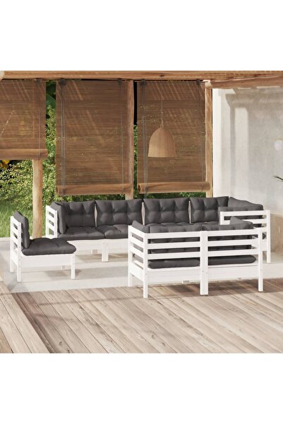 vidaxl Set mobilier de gradina cu perne, 8 piese, alb, lemn masiv pin