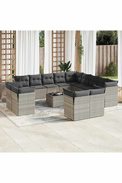 vidaxl Garden furniture set with cushions, 14 pieces, light grey, poly rattan