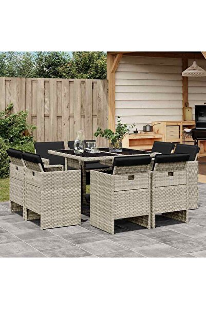 vidaxl Garden furniture set with cushions, 9 pieces, light grey, polyrattan