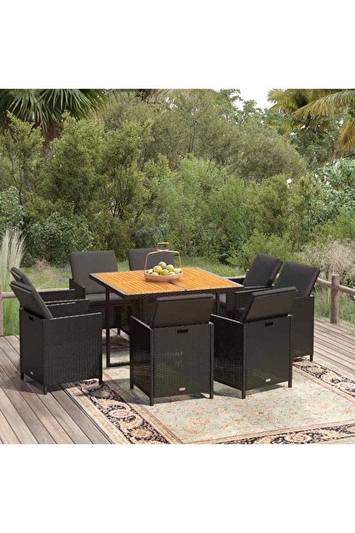 vidaxl Garden furniture set with cushions, 9 pieces, black, polyrattan