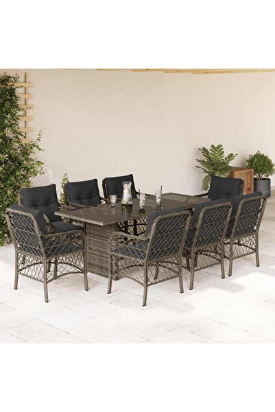 vidaxl Set mobilier gradina cu perne, 9 piese, gri, poliratan