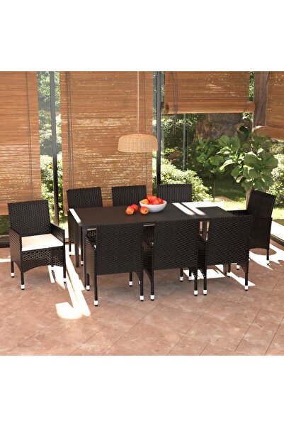 vidaxl Set mobilier de gradina cu perne, 9 piese, negru, poliratan