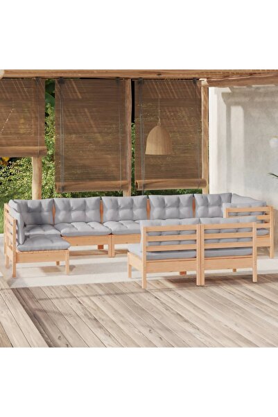 vidaxl Set mobilier de gradina cu perne gri, 9 piese, lemn masiv pin