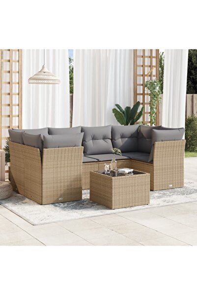 vidaxl Set canapele de gradina, 7 piese, cu perne, bej, poliratan
