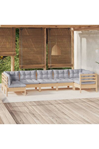 vidaxl Set mobilier gradina cu perne gri, 7 piese, lemn masiv de pin
