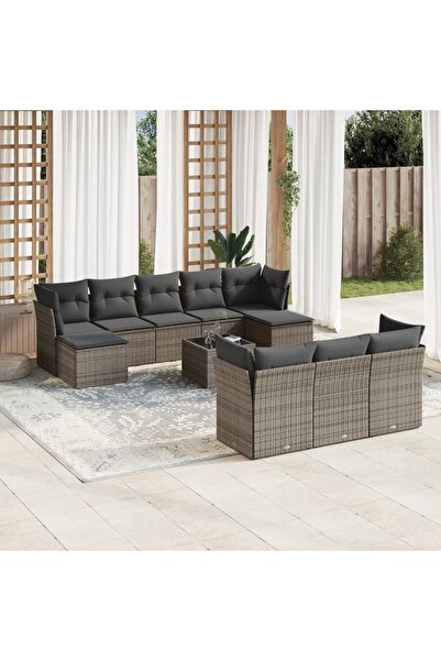 vidaxl Garden sofa set with cushions, 11 pieces, grey, polyrattan