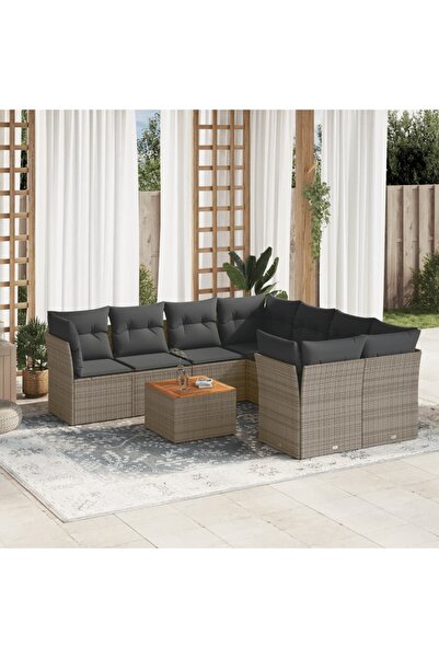 vidaxl Garden sofa set, 9 pieces, with cushions, grey, polyrattan