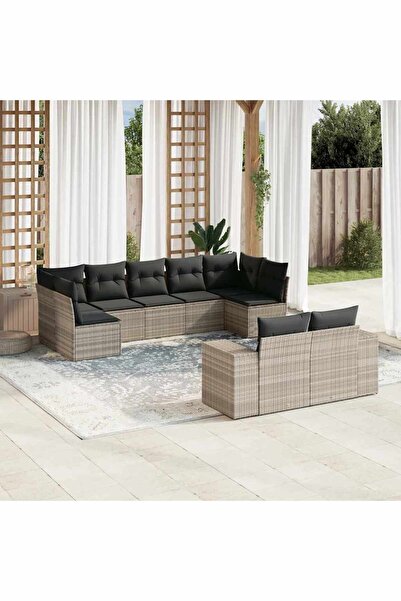 vidaxl Garden sofa set with cushions, 9 pieces, light grey, polyrattan
