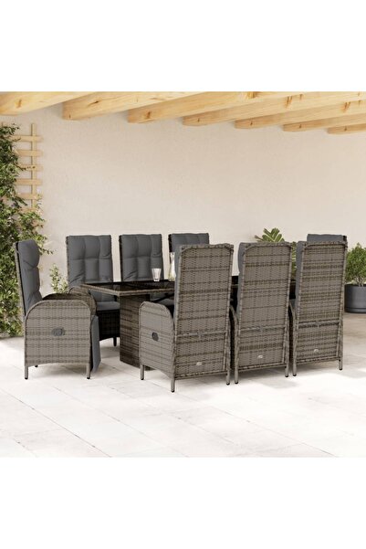 vidaxl Garden furniture set with cushions, 9 pieces, grey, polyrattan