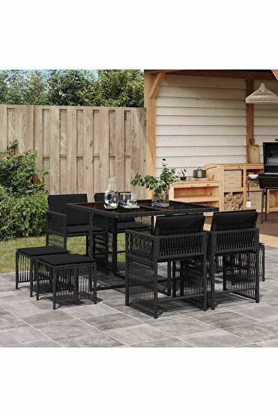 vidaxl Set mobilier de gradina cu perne, 9 piese, negru, poliratan