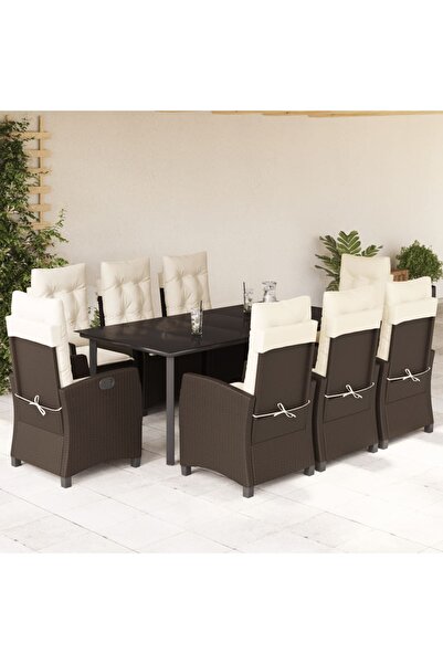 vidaxl Set mobilier de gradina cu perne, 9 piese, maro, poliratan