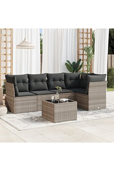 vidaxl Garden sofa set with cushions, 6 pieces, light grey, polyrattan