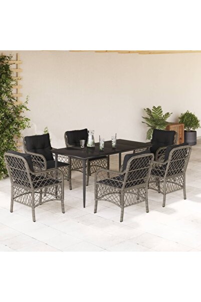 vidaxl Garden furniture set with cushions, 7 pieces, grey, polyrattan