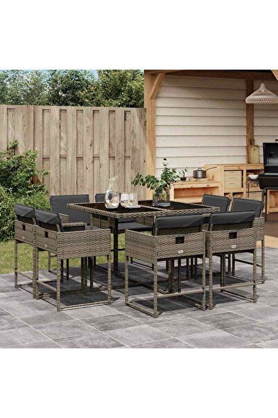 vidaxl Set mobilier gradina cu perne, 9 piese, gri, poliratan