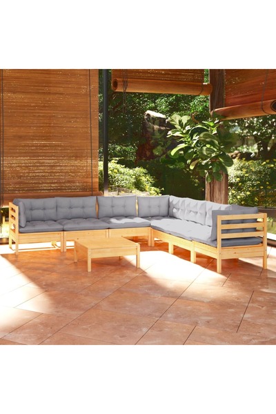 vidaxl Set mobilier de gradina cu perne gri, 8 piese, lemn masiv pin