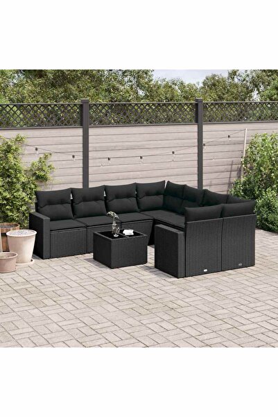 vidaxl Garden furniture set with cushions, 9 pieces, black, polyrattan