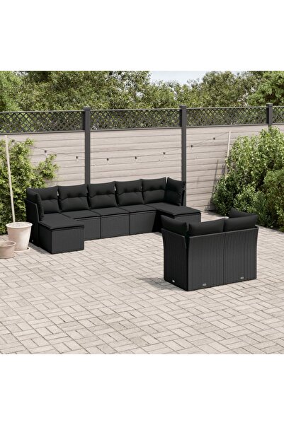 vidaxl Set mobilier de gradina cu perne, 9 piese, negru, poliratan