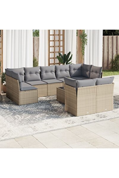 vidaxl Garden sofa set with cushions, 10 pieces, beige, polyrattan