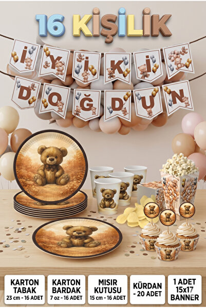 KullanAtParty 16 Kişilik Ayıcık Temalı Full Parti Seti - Teddy Bear 1 Yaş Doğ...