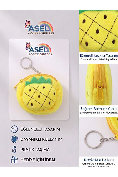 Aselaksesuarr Meyve Figürlü Peluş Kancalı Mini Kız Çocuk Cüzdanı ve Çanta Aks...