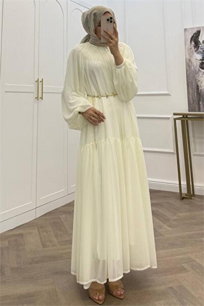 Neşeli Butik فستان نسائي أبيض بأكمام بالون مبطنة وتفاصيل حزام من الشيفون، فست...