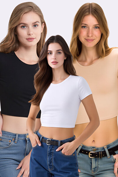 Pearlune Women's 3-Piece Crew Neck Short Sleeve Cotton Flexible Basic Crop To...