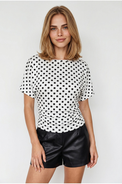 Olalook Women's Black Polka Dot Drape Detailed Bat Model Polyamide Blouse Blz...