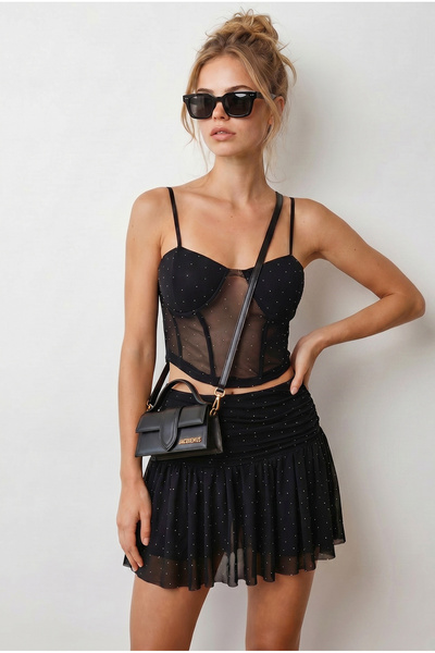 Olalook Women's Black Lined Stone Detailed Top and Bottom Tulle Set Tkm-19000499