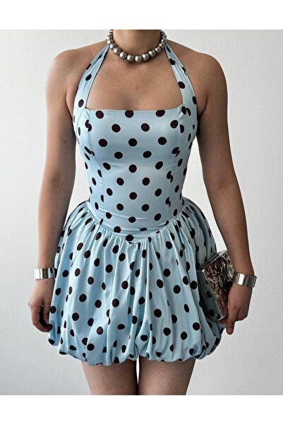 D'RECCY Women's Satin Tie-Neck Mini Bubble Dress with Polka Dots, Stylish Dress