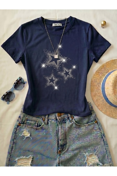 NİCE Women's Stone Stars Printed - Lycra Short Sleeve Body Tee Crop