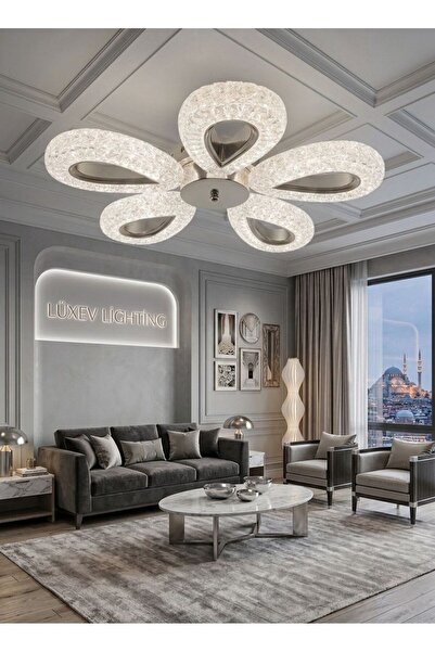 Lüxev Lighting Yağmur Model 5"li Gümüş 3 Renk Modu Ledli Modern Plafonyer Sal...